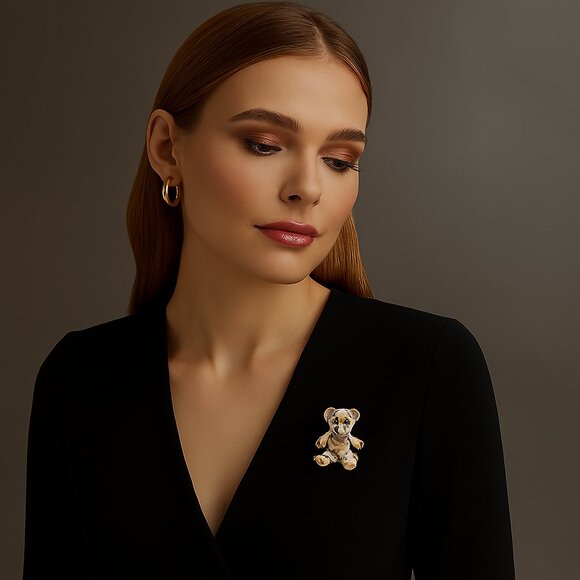 None Jewelry - Vintage Teddy Bear Brooch Rhinestone Gold Tone Dangle Heart Bow Fashion Jewelry